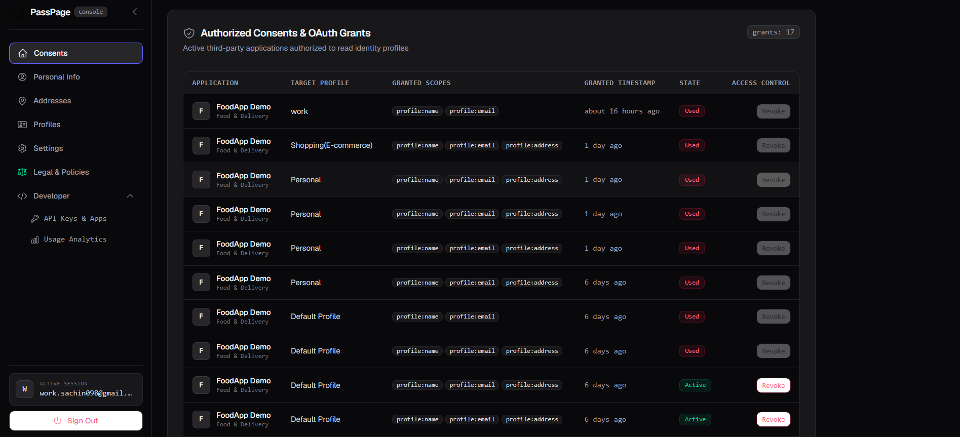 Passpage authorized consents and OAuth grants screen listing multiple grants to a demo app, showing granted scopes, timestamps, and revoke controls