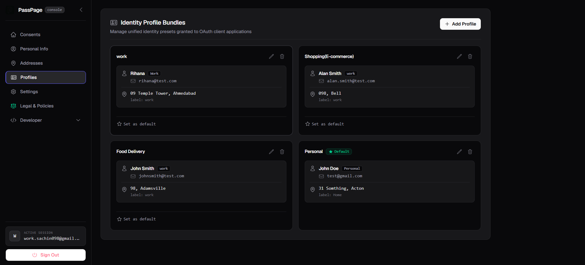 Passpage identity profile bundles screen showing four named profiles: Work, Shopping, Food Delivery, and Personal, each pairing a contact record with an address